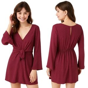 Le Lis Mini Dress Size L Burgundy White Polka Dot V-Neck Tie‎ Front Flared Boho